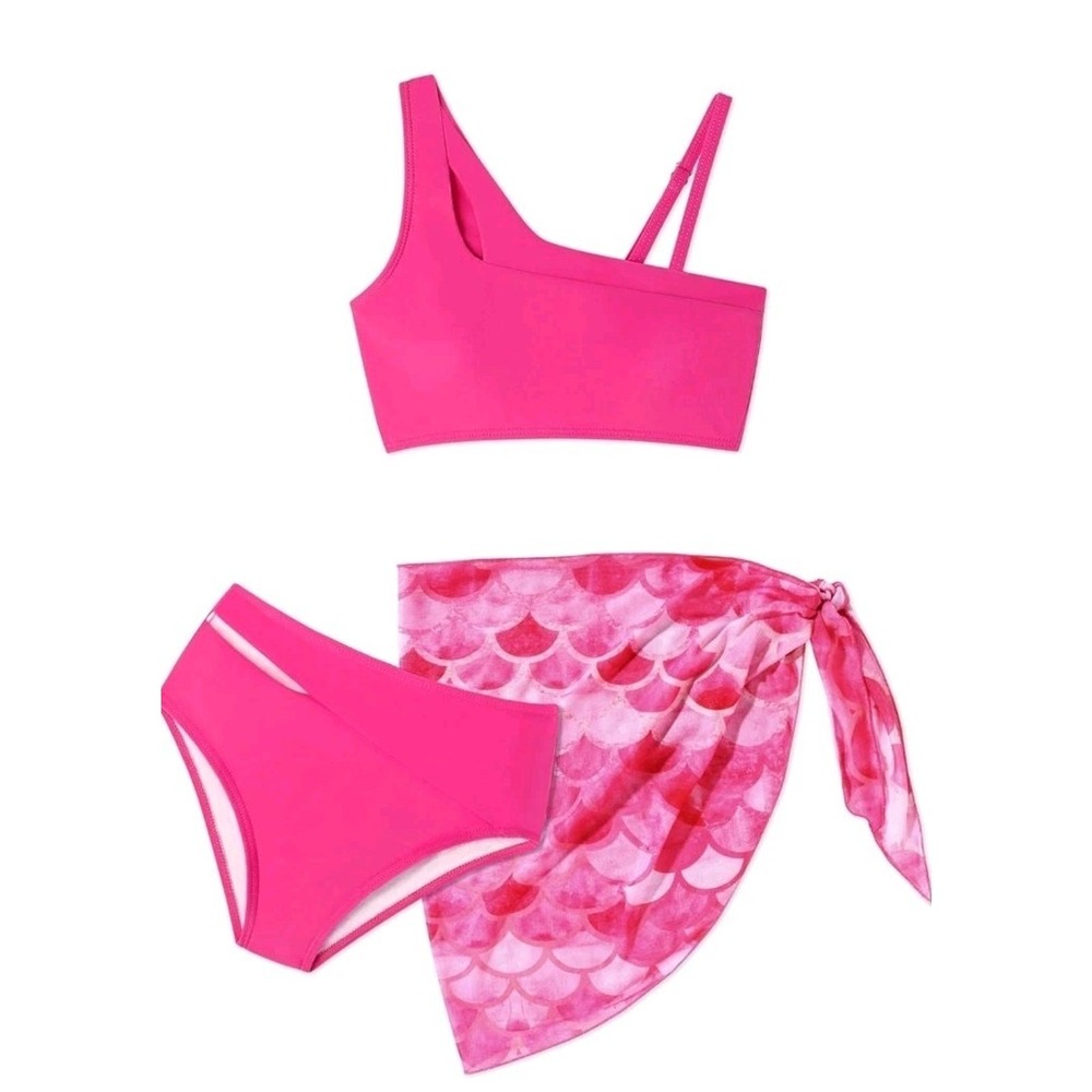 Amazon Girls 3 Piece Swimsuit Pink Mermaid Scale Bikini Set with Sarong Sz 9-10